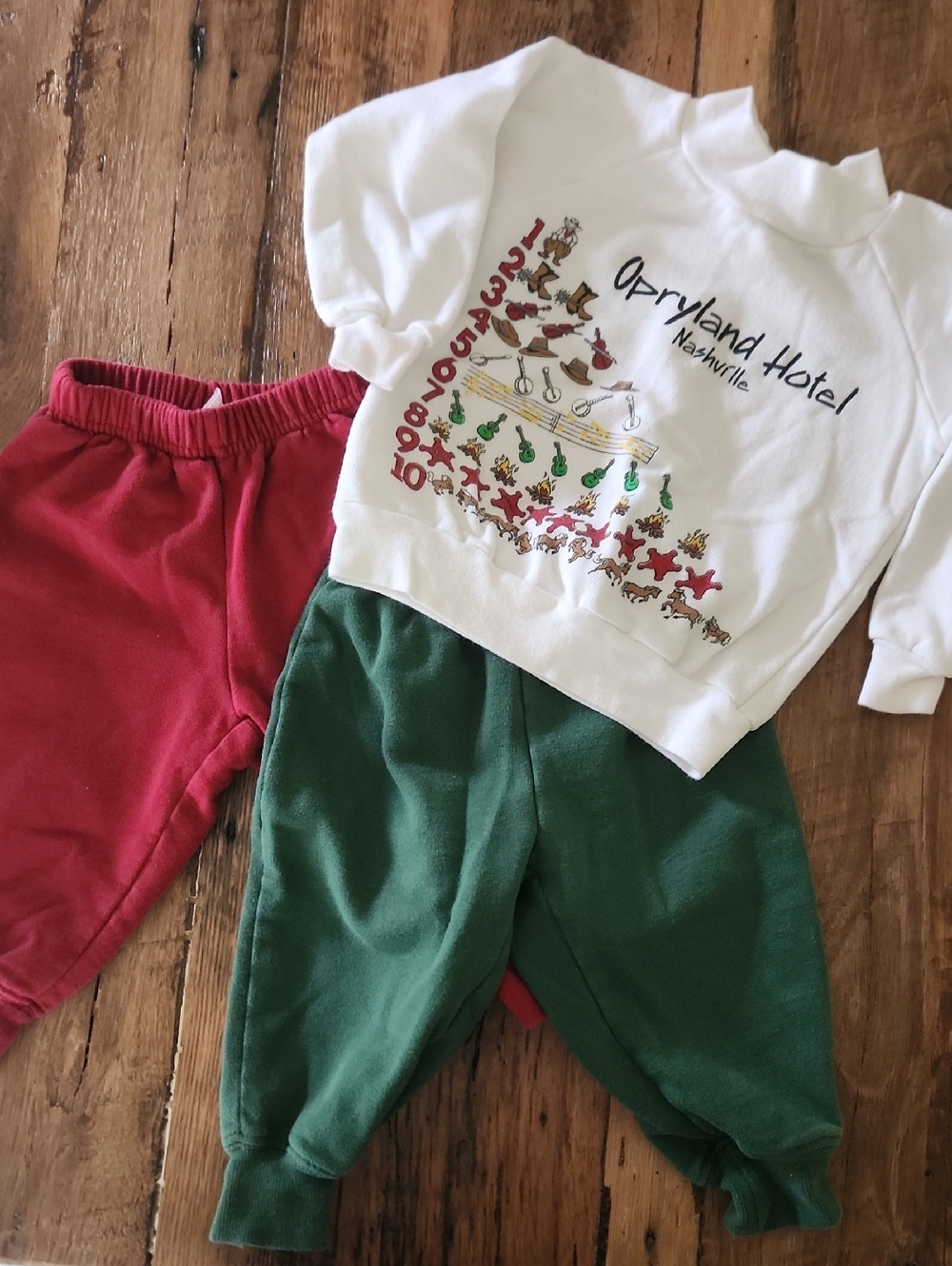Old Navy Baby Sweatpants in Red and Green With Nashville Opryland Sweatshirt